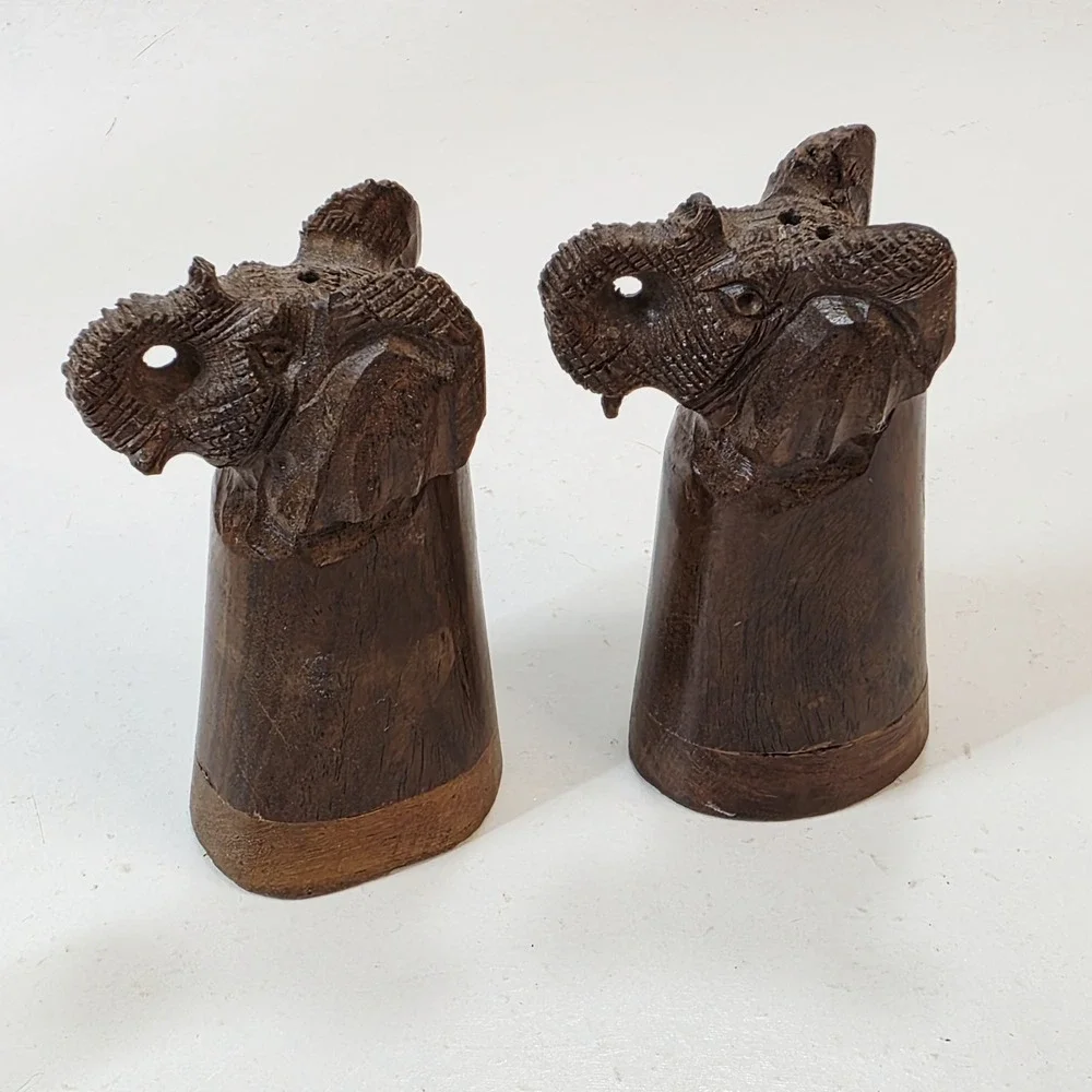 Vintage Wooden Hand Carved Wood Elephant Salt And Pepper Shakers 2.75 inch